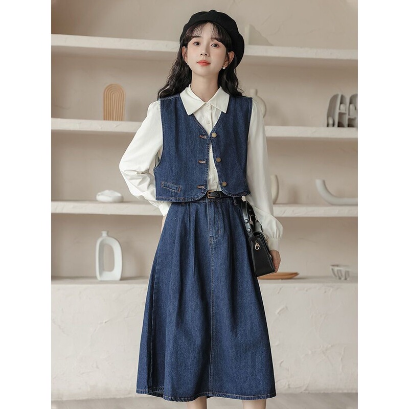 Spring and Autumn New Style Daily Commute College Style Retro Denim Vest Shirt Half Skirt Three-Piece Suit Dress