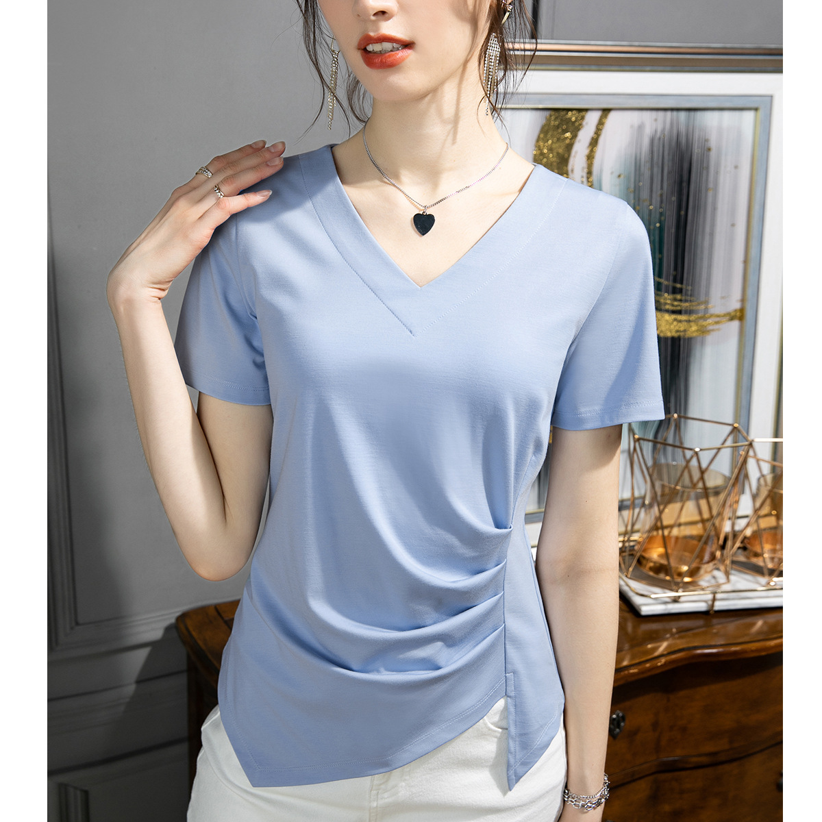 Camiseta de manga corta ropa de mujer 2025 nueva ropa de mujer con aberturas irregulares, top fino y elegante, camiseta de algodón, cabello de una pieza