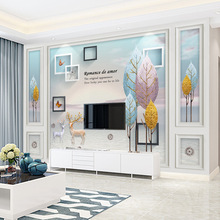 电视背景墙壁纸客厅壁布现代简约麋鹿墙纸五宫格造型壁画整张