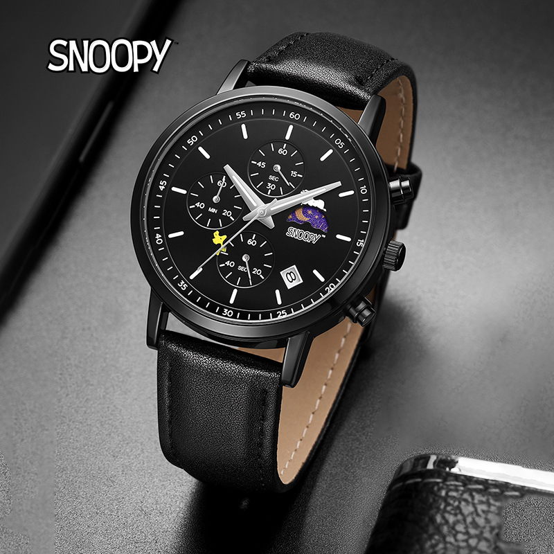 Authentic Snoopy Watch for Teenage Boys, Genuine Three-Eye Waterproof Luminous Silent Quartz Watch for Exams