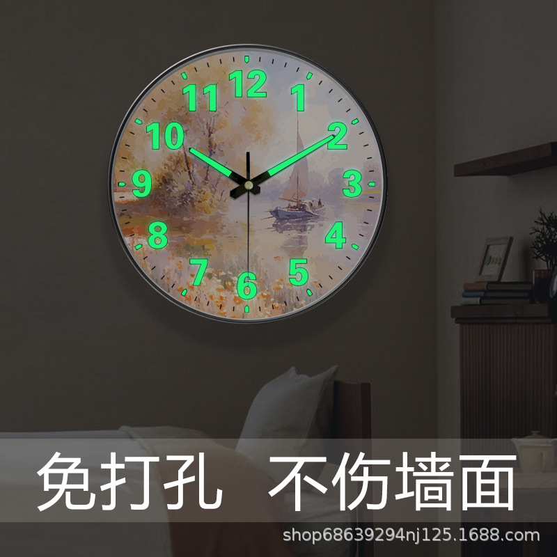 [12 Inches 30cm] Luminous Minimalist Oil Painting Style Living Room Clock Creative Clock Landscape Decoration Light Luxury Wall Clock