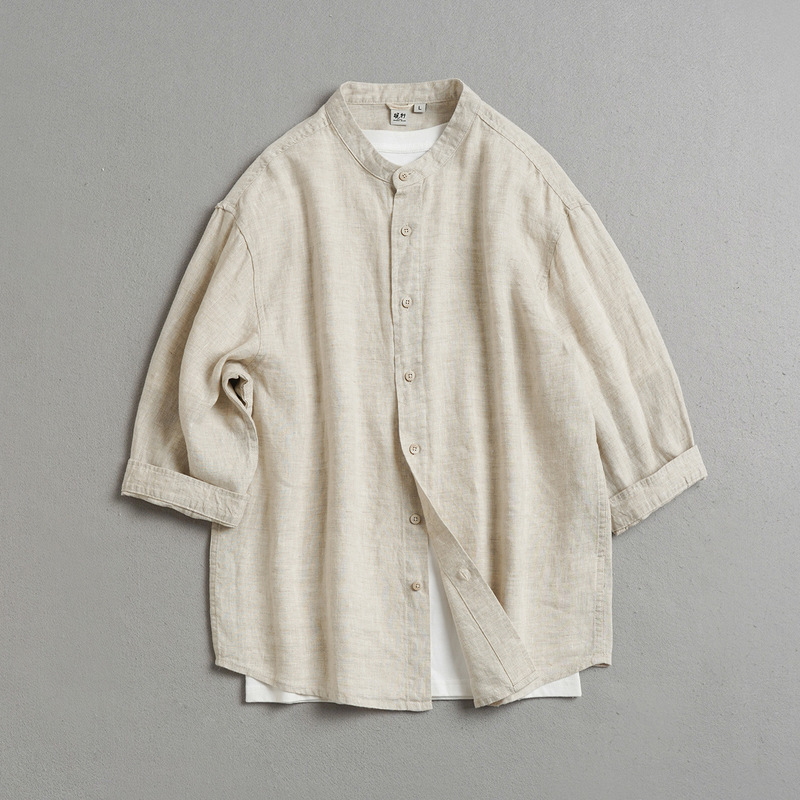 Men's Pure Linen Three-Quarter Sleeve Shirt with Stand Collar, Thin and Breathable, Solid Color, Old Money Style Linen Shirt 3038 Men's Pure Linen Three-Quarter Sleeve Shirt with Stand Collar, Thin and Breathable, Solid Color, Old Money Style Linen Shirt 3038