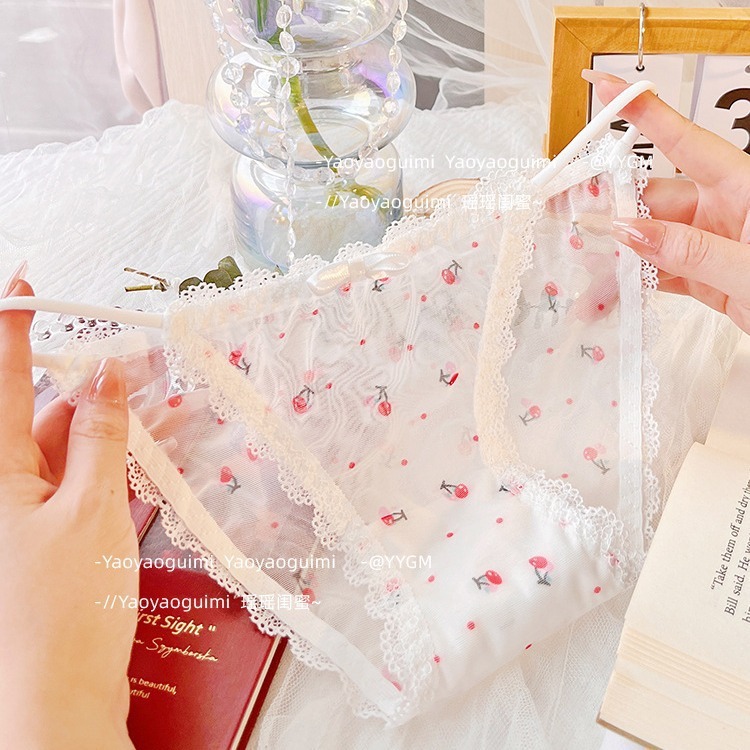 Cute Girl's Underwear Strawberry Japanese Women's Low Waist Ice Silk Sexy Transparent Quick-Dry Mesh Lace Student Briefs