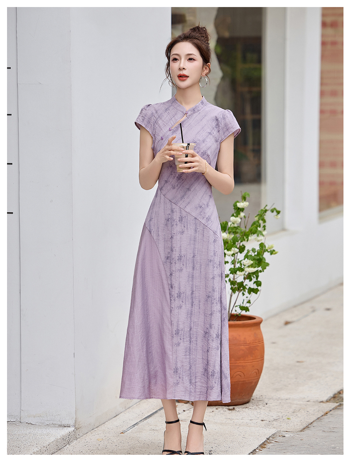 Đầm maxi cổ đứng tay ngắn dáng suông thắt eo phong cách Trung Hoa hiện đại — màu tím chi tiết 8