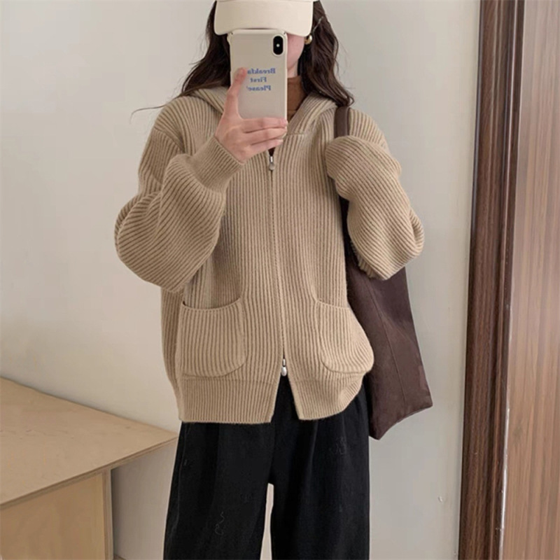 加厚简约坑条双口袋连帽拉链毛衣外套女秋冬新款宽松软糯针织开衫|undefined
