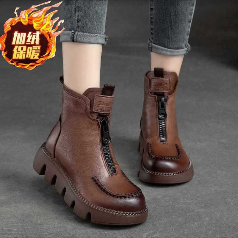 厚底马丁靴女2024冬季新款复古松糕短靴前拉链防滑加绒加厚棉靴女