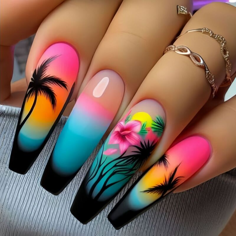 Long Ballet Nails Multi-Color Plant Flowers Coconut Tree Beach European and American Style Export Nail Patches Removable 24 Pieces Long Ballet Nails Multi-Color Plant Flowers Coconut Tree Beach European and American Style Export Nail Patches Removable 24 Pieces