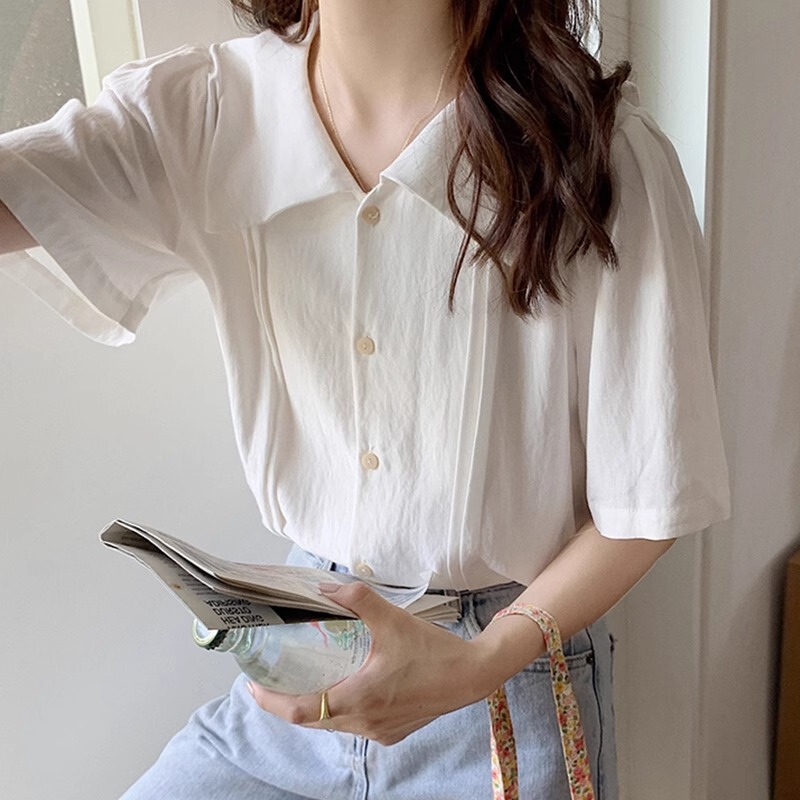 Korean Style Gentle White Short-sleeved Shirt Women's Summer French Style Retro Lapel Shirt Small Shoulder Shirt Small Shirt Top