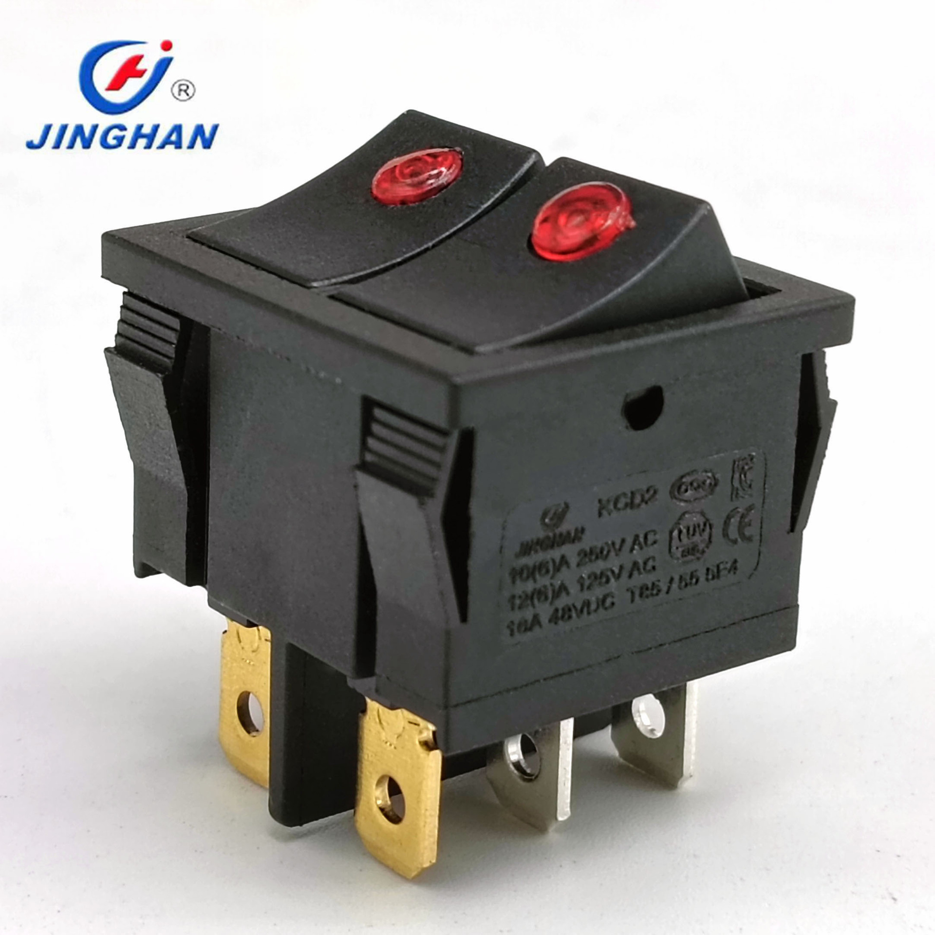 晶瀚 JINGHAN 双联猫眼带灯开关 四脚双耳翘板开关 KCD2-502MN