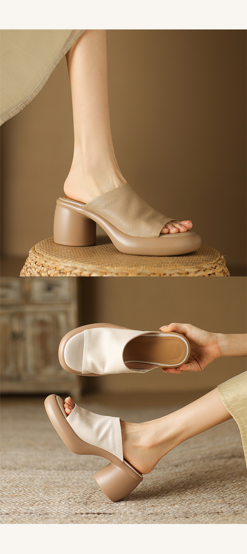 Sandal cao gót nữ hở mũi quai ngang da dê thật, gót 7 cm — đen chi tiết 14