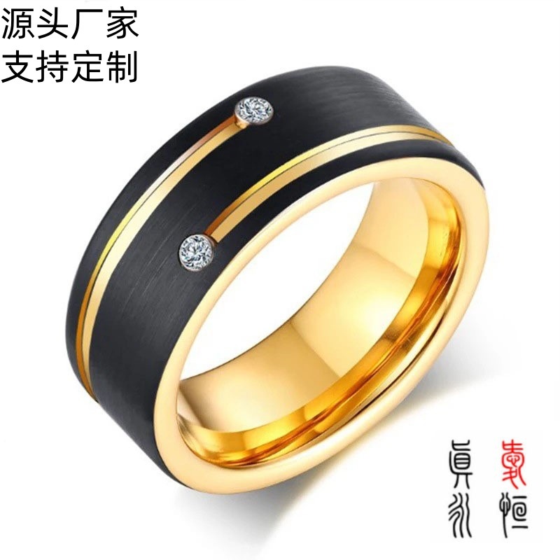 2024欧美新款男士高级感高档开槽电黑拉沙镶锆石钨钢戒指一件批发