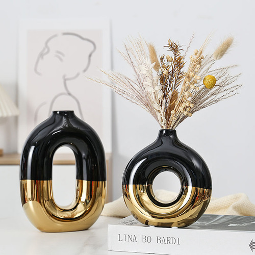 Cross-border light luxury modern wind power plated ceramic vase, high-end artistic creative floral arrangement ceramic craft, decorative item