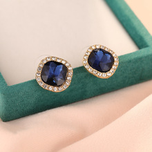 網絡爆款簡約百搭墨藍水晶幾何耳環925銀針韓國高級時尚感氣質耳