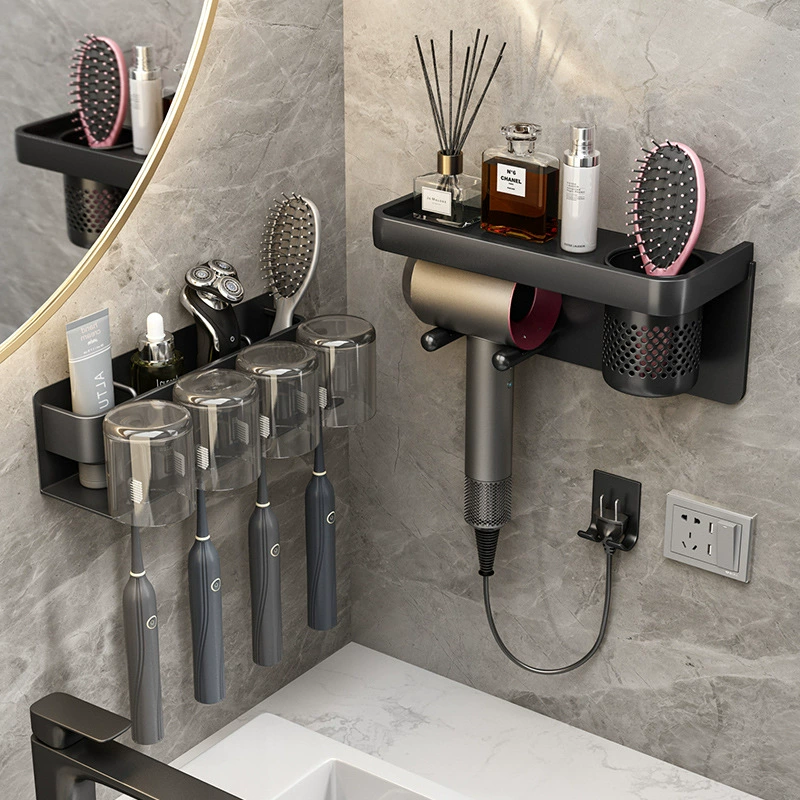 Стойка для фена без перфорации, кронштейн для фена для ванной комнаты, настенная подвесная полка для хранения фена для ванной комнаты