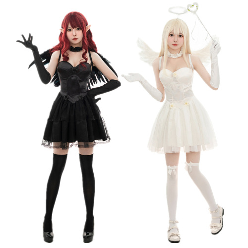 women young girls jazz black white genie angel cosplay dresses  black and white elves role play masked ball Halloween costumes