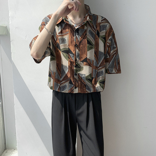 Men's Vintage Short-Sleeve Floral Shirt, Youth Harajuku Style, Thin Version, Beach Gangster Style, Hip Floral Top, Five-Sleeve