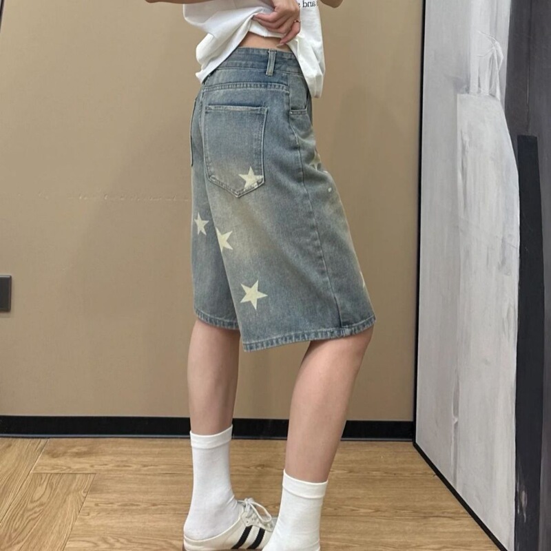 American Retro Washed Vintage Star Denim Shorts for Women, Street Style, Versatile, Slimming, Wide-Leg Pants, Trendy American Retro Washed Vintage Star Denim Shorts for Women, Street Style, Versatile, Slimming, Wide-Leg Pants, Trendy