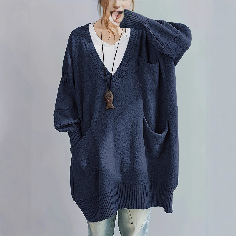 Cross-Border Popular Women's Clothing, Plus-Size, Lazy Style, Loose V-Neck Pullover, Mid-Length Sweater Dress, Long-Sleeve Knitwear for Outerwear