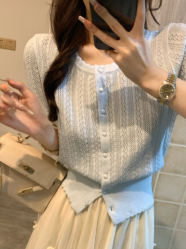 Summer Light Blue Lace Hollow-Out Short-Sleeve Knit Cardigan for Women, Thin Waist-Cinching Slim-Fit Short Top Summer Light Blue Lace Hollow-Out Short-Sleeve Knit Cardigan for Women, Thin Waist-Cinching Slim-Fit Short Top