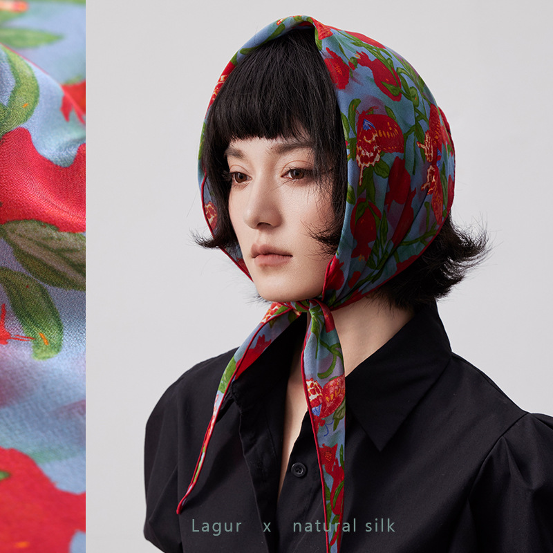 Butterfly Pomegranate' 100% Mulberry Silk Triangle Scarf, Silk Crepe Hemmed Diamond Scarf For Women, Luxury Style - Thumbnail 2