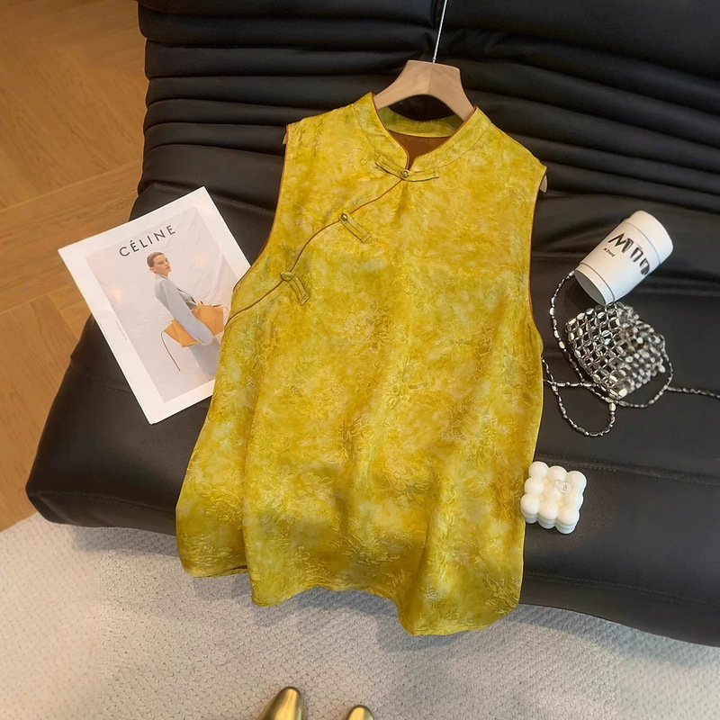 Summer new style Chinese retro chic design light brown jacquard stand-up collar sleeveless shirt top for women Summer new style Chinese retro chic design light brown jacquard stand-up collar sleeveless shirt top for women