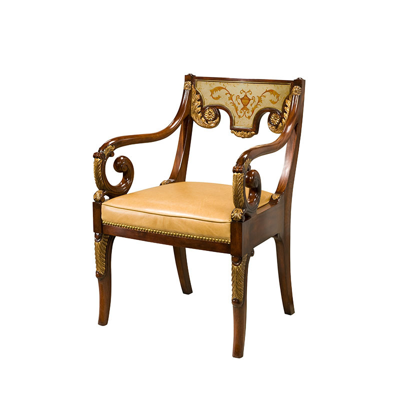 英式桃花心木手繪休閒椅歐式宮廷雕花餐椅新古典真皮鉚釘書椅家具