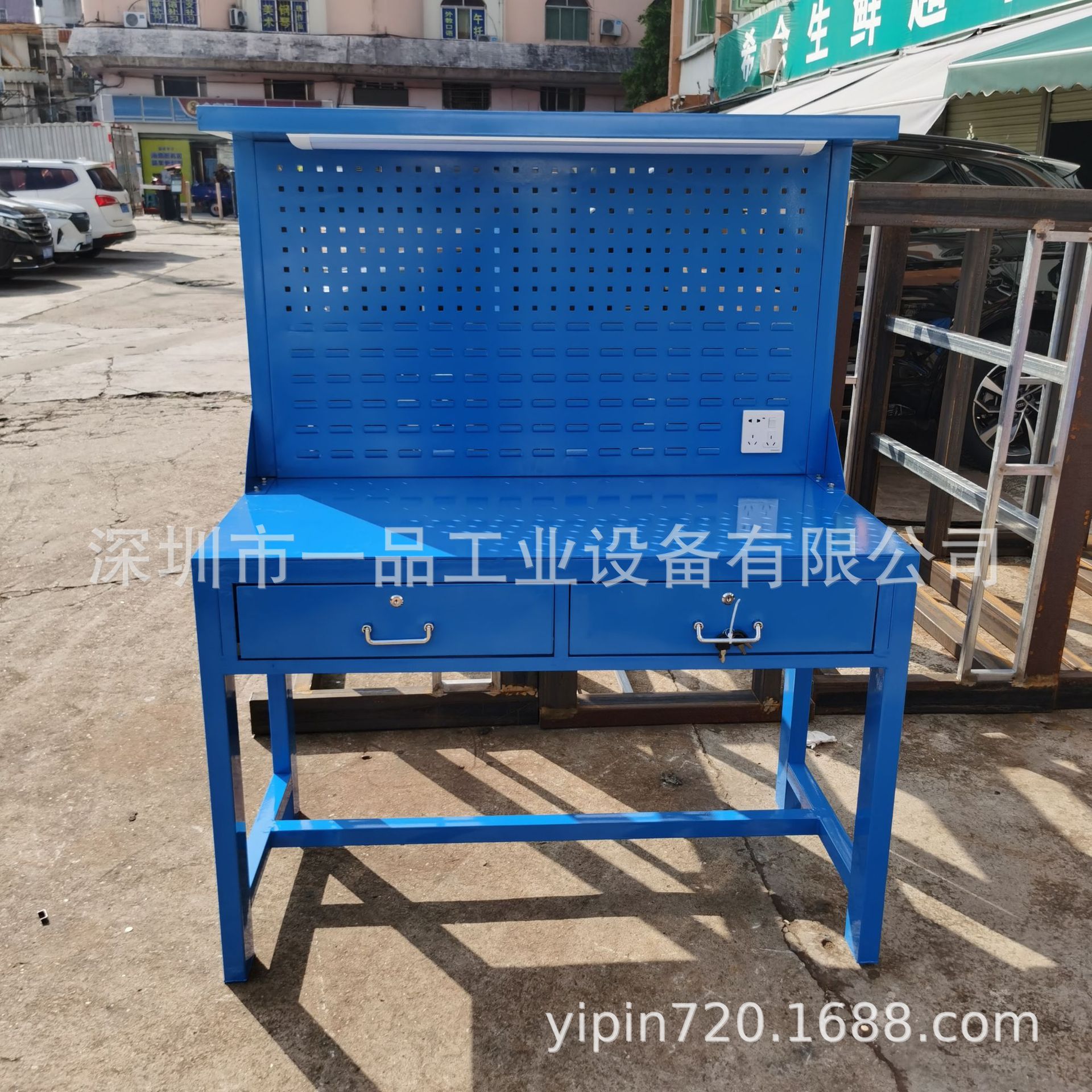 移动型三抽重型防静电工作台吊柜绿色复合桌面钳工桌铁板操作台