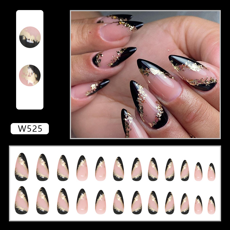 Produits pour ongles portables, Style Instagram, noir frais, français, irrégulier, feuille d'or, amande nacrée_voghion.com