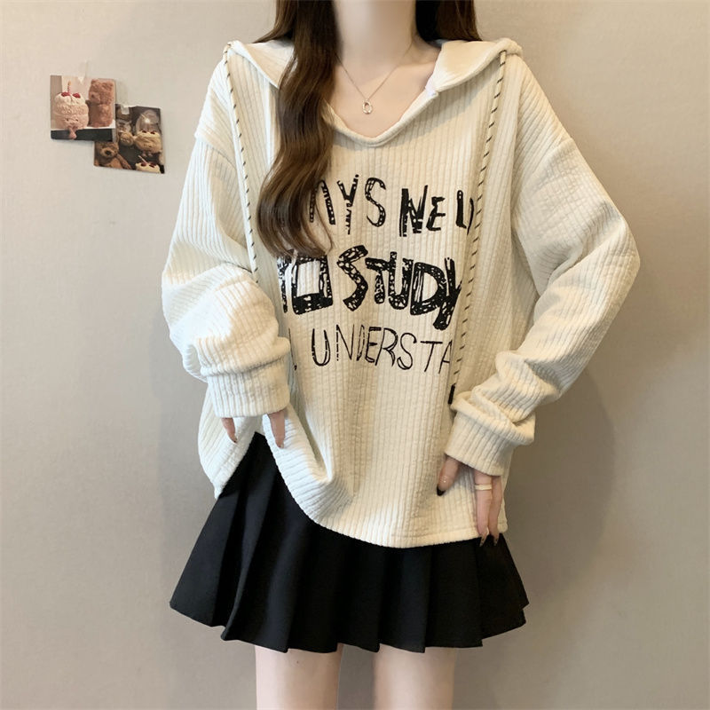 大きいサイズの太ったmmは帽子の長袖のtシャツの婦人服の春秋冬の新型の独特な独特なデザイン感が見えます。|undefined