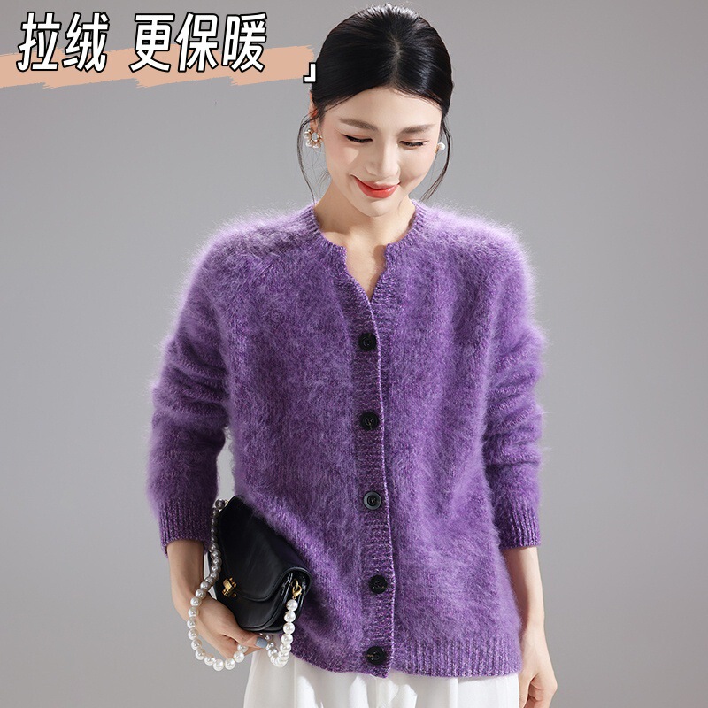 100% Wool Thick Cardigan for Women, Autumn and Winter Style, Warm Versatile Cashmere Brushed Round Neck Top, Soft and Fashionable Coat