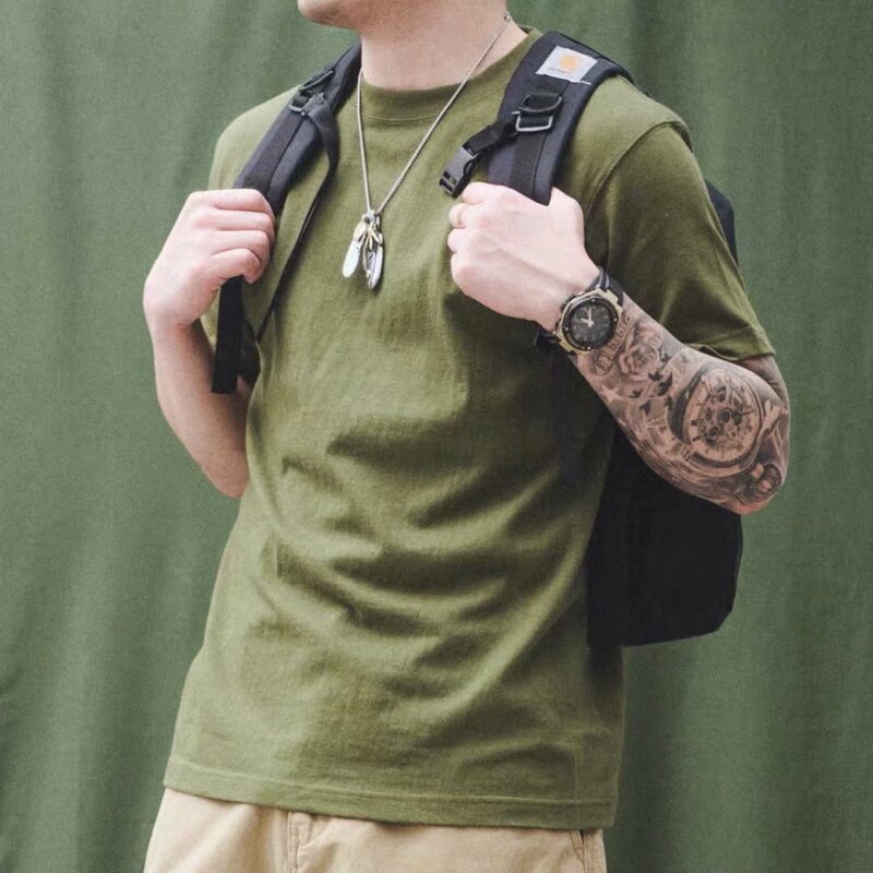 Heavy American Style All-match Cotton Coarse Cotton Kaji Army Green Round Neck Short-sleeved T-shirt Summer Basic Undershirt for Men