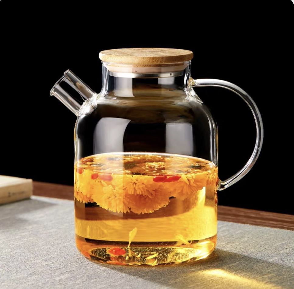 Vidrio de borosilicato transparente salud olla filtro botella de agua fría hogar tapa de bambú olla gran capacidad flor tetera