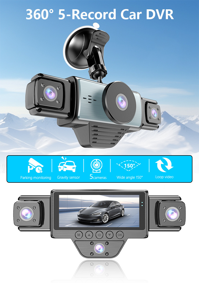 5-lens dashcam with infrared night vision, HDR ultra-clear video recording, WiFi mobile phone connectivity, and collision detection