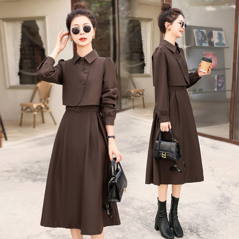 Long-Sleeved Dress for Women, Spring and Autumn New Style, Elegant French-Style Vest Shirt and Skirt Two-Piece Set, Black Khaki