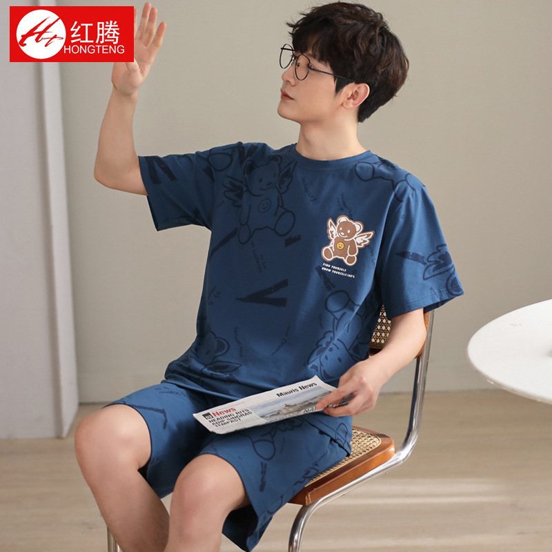 Men's Pajamas Summer 2024 New Cotton Boys Casual Short-sleeved Shorts Two-piece Suit plus size Home Clothes