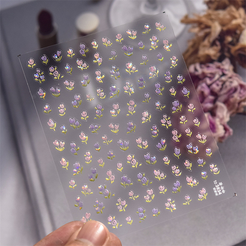 New Spring Little Wild Flower Nail Art Sticker Tulip Relief Oil Painting Small Flower Sticker Crayon Flower Flower Adhesive Sticker