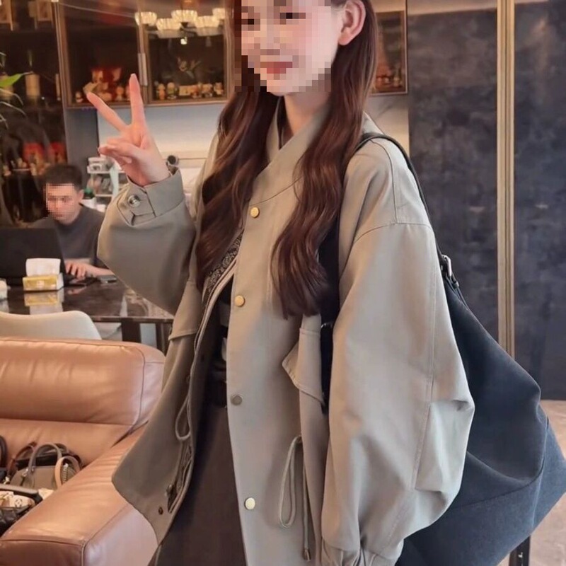 英伦风衣外套女2025秋季高级感宽松休闲廓形收腰抽绳工装夹克上衣|undefined