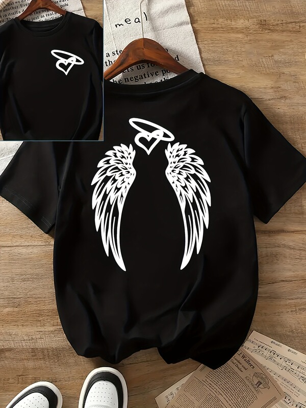 T-Shirt with Heart Wings Pattern Print on Front and Back, Short-Sleeved Round Neck Summer and Spring Casual Top, Women's Clothing T-Shirt with Heart Wings Pattern Print on Front and Back, Short-Sleeved Round Neck Summer and Spring Casual Top, Women's Clothing