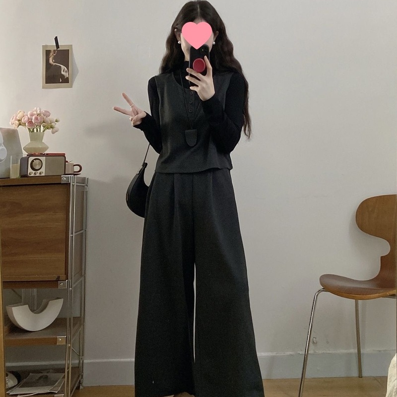 大码女装时尚微胖秋冬胖显瘦时尚简约毛呢马甲九分阔腿裤三件套|undefined