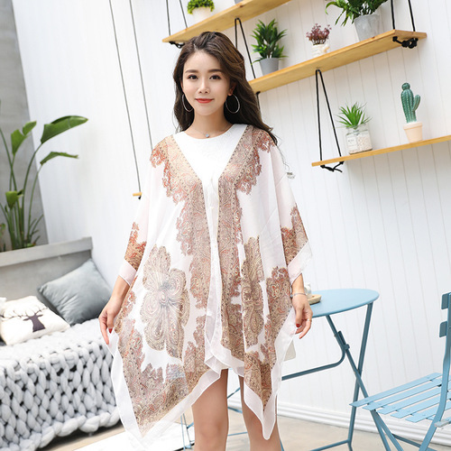 Sun protection shawl for cycling and beach, multi-purpose silk scarf, chiffon printing, anti-UV cashew flower customized pearl shawl