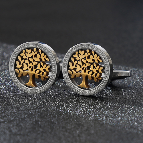 Titanium steel hollow advanced two-color cufflinks men's French shirt anchor coconut tree cufflinks tree of life shape cufflinks