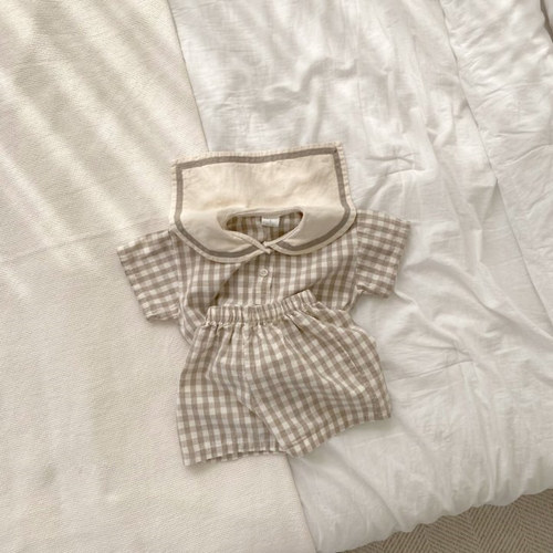  Summer Korean Style Ins Boys' and Girls' Sporty Leisure Tartan Baby Set