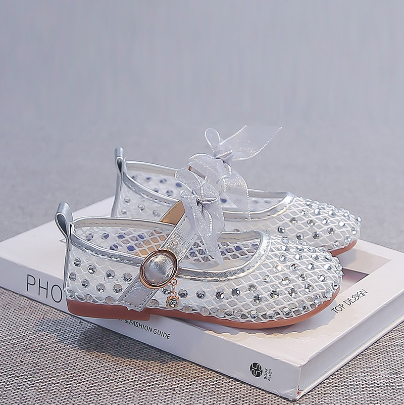 Zapatos de princesa de niñas 2026 verano nuevos zapatos de arco transpirables de malla para niños Marigold Zapatos de cuero para niños pequeños
