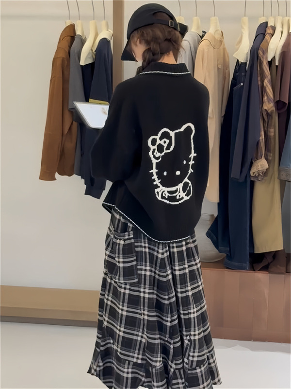 2025韩版秋季新款减龄卡通提花翻领毛衣女慵懒风小猫宽松针织开衫|undefined