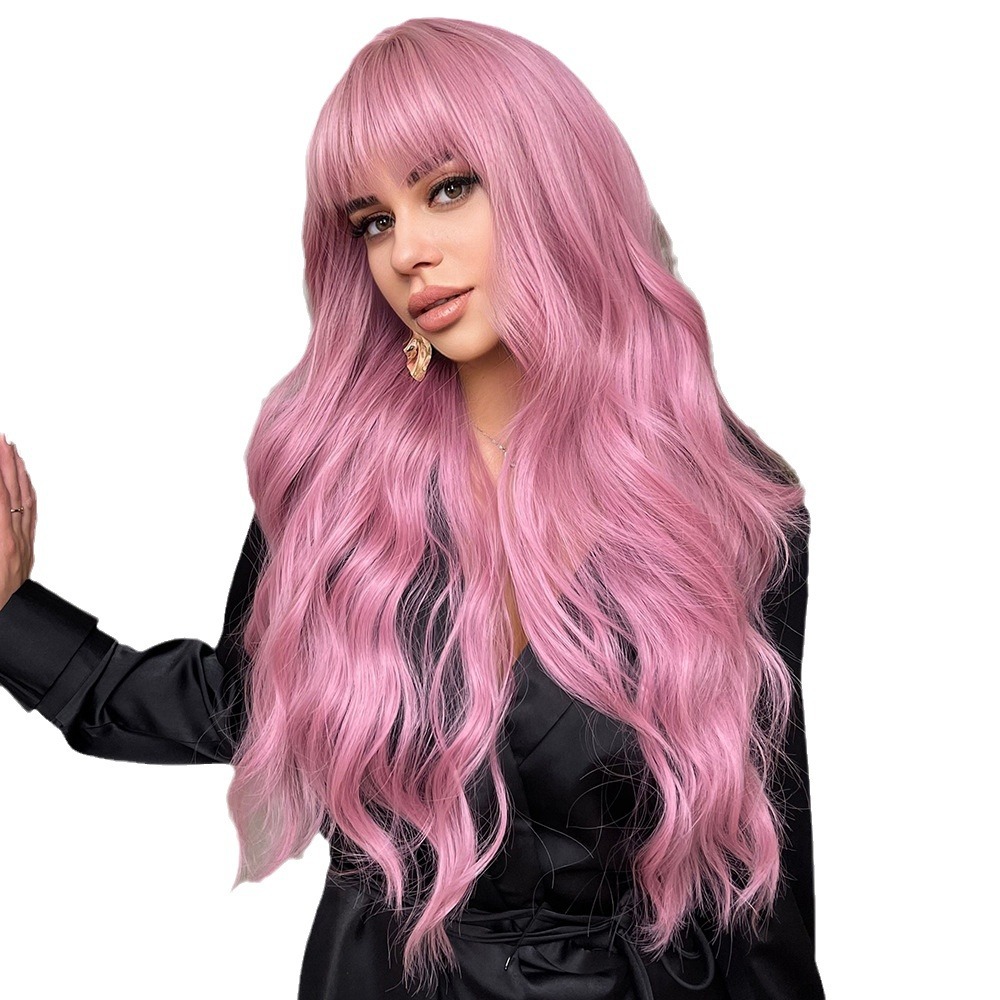 Pelucas de color rosa largo con flequillo onda pelucas sintéticas para las mujeres
