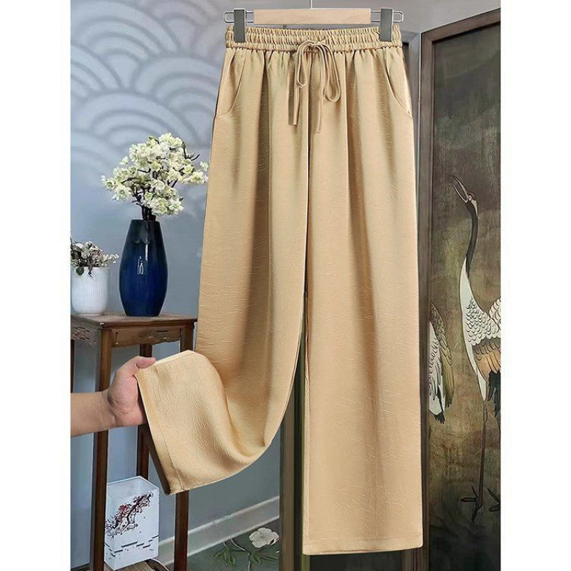 Nuevos pantalones chinos de hielo, pantalones de piernas anchas para mujeres 2025, nuevos pantalones delgados de cintura alta en relieve de estilo nacional de verano, pantalones casuales