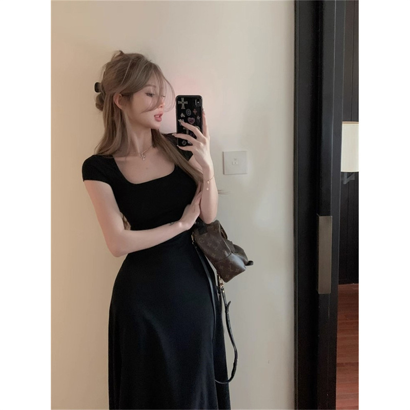 High-End Floor-Length Short-Sleeve Dress, New Style, Elegant Waist-Cinching Long Dress, Black Fashionable Slim-Fit Extended Dress for Women High-End Floor-Length Short-Sleeve Dress, New Style, Elegant Waist-Cinching Long Dress, Black Fashionable Slim-Fit Extended Dress for Women