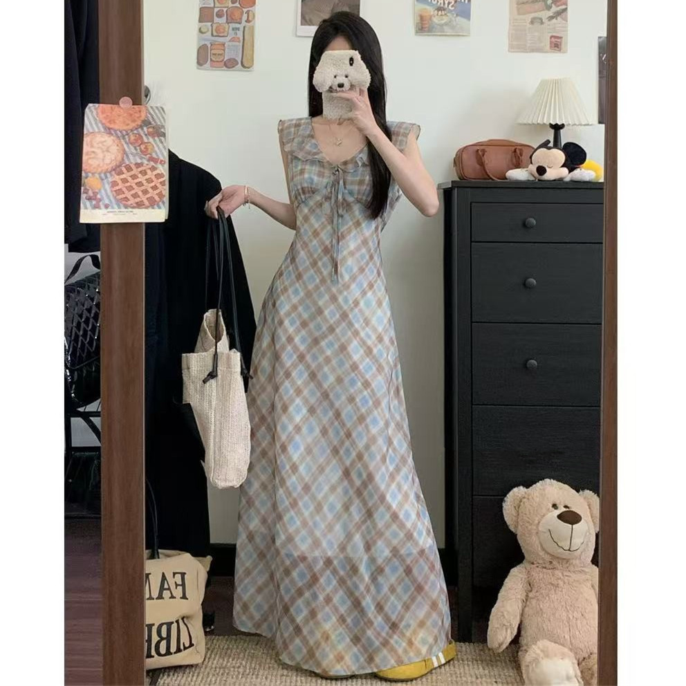 小众撞色格纹雪纺连衣裙女装夏季法式气质小飞袖A字无袖绑带长裙