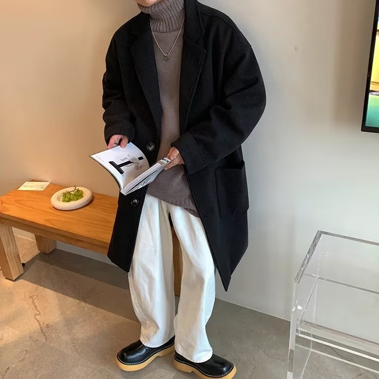 Abrigo de lana de los hombres de invierno de alta calidad de alta calle de lana negro trench abrigo de invierno engrosada capa de algodón acolchado moda