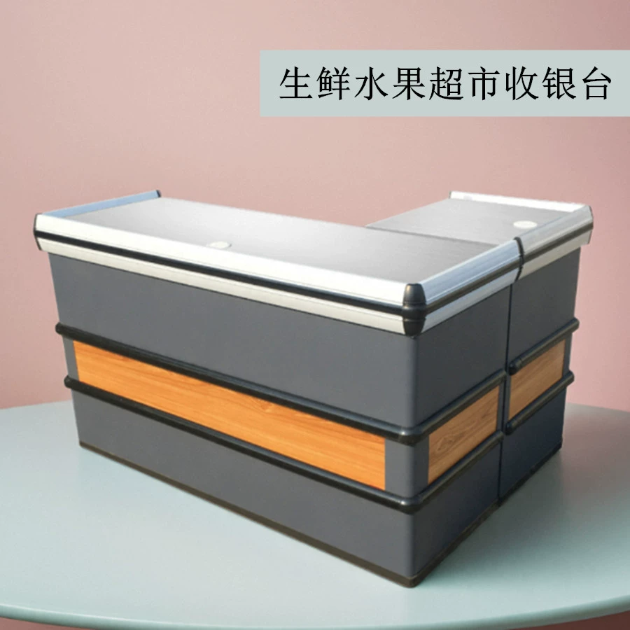 Кассовый прилавок для супермаркета, прилавок для магазина в торговом центре, прилавок для продуктового магазина, угловой прилавок для магазина, простая стальная и деревянная столешница из нержавеющей стали для коммерческого использования.